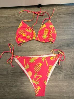 Women’s Savage Tacticians  Pink Pineapple Grenade Palm Tree Tie-Side Bikini